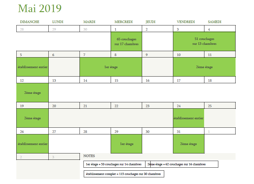 Calendrier des disponibilités pour mai 2019